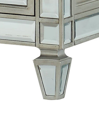 Sunvega Mirrored Nightstand with Geometric Trim and Crystal Knobs for Bedroom