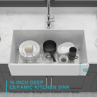 Sunvega 33 Inch White Porcelain Ceramic Farmhouse Kitchen Sink Workstation with Reversible Apron