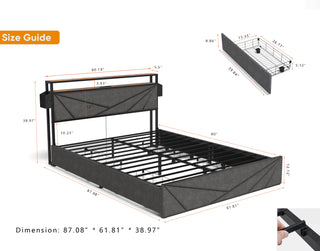Sunvega Queen Upholstered Bed Frame with Headboard LED Lights Charging Station and 4 Storage Drawers