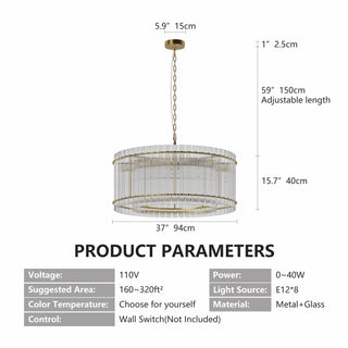 Sunvega Modern Gold Round Chandelier with Water Ripple Crystal Glass for Dining Room