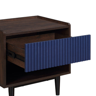 Sunvega Mid-Century Modern Navy Blue Nightstand with Ribbed Wood Grain Laminate