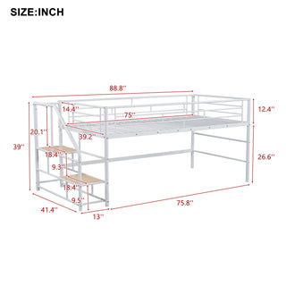 Sunvega Twin White Mid Loft Bed with Integrated Storage Stairs and Metal Frame