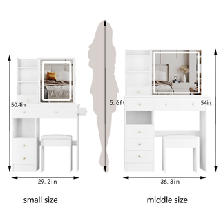 Sunvega Small Space Vanity Table with Cushioned Stool and Extra Large Sliding Mirror