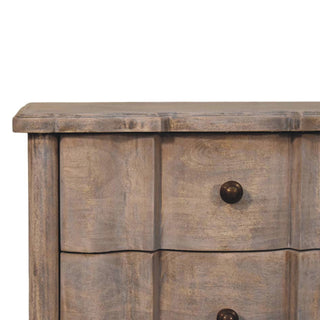 Sunvega Solid Wood Acid Wash Finish Grey 3-Drawer Curved Nightstand with Antique Brass Knobs