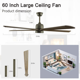 Sunvega 60 inch Modern Wood Ceiling Fan with Light and Remote Control, 6-Speed Noiseless Reversible DC Motor