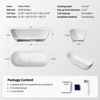 Sunvega Freestanding Solid Surface Bathtub with Excellent Heat Retention and Ergonomic Design