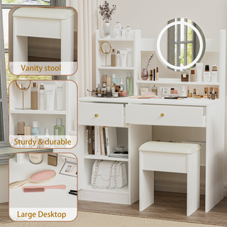 Sunvega White Makeup Vanity Desk with Mirror Lights Adjustable Brightness and Chair