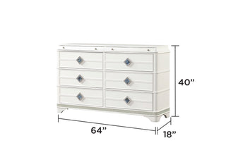 Sunvega Modern White Dresser with Six Soft Closing Drawers and Crystal Accent Handles