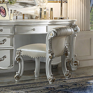 Sunvega Beige and Antique Silver Upholstered Vanity Stool with Nailhead Trim and Button Tufting