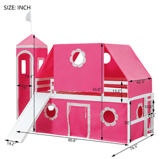 Sunvega Twin Size Loft Bed with Slide Blue Tent and Playhouse Tower for Kids