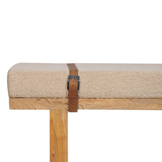 Sunvega Solid Mango Wood Belmont Cream Boucle Bench with Buffalo Leather Straps