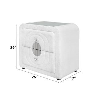 Sunvega White Teddy Sherpa Nightstand With Chrome Crystal Knob And Glass Top