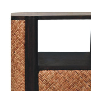 Sunvega Solid Mango Wood Rattan Curve Edge Nightstand with Two Drawers and Shelf