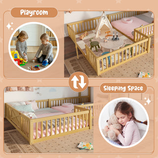 Sunvega Full Size House Floor Bed with Door and Full-Length Guardrails for Kids