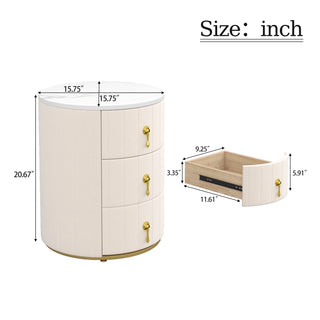 Sunvega Upholstered Round Nightstand with 3 Drawers and Marbling Top