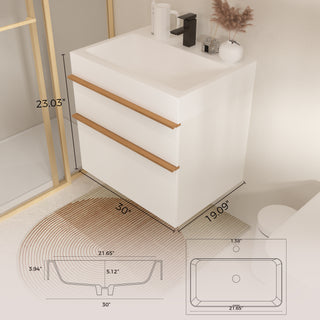 Sunvega White Wall Mounted Bathroom Vanity with Integrated Acrylic Sink and Soft-Close Drawers