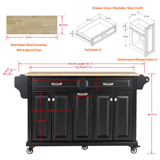 Sunvega Kitchen Cart with Rubber Wood Countertop Storage Cabinet and 2 Drawers