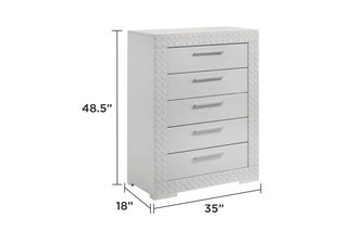 Sunvega White Quilted Texture Modern Five Drawer Chest with Red Lined Interiors