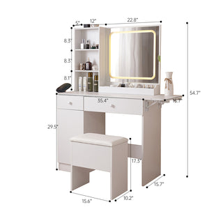 Sunvega Makeup Vanity Desk with Lighted Mirror, Power Outlet, Storage Stool, and Cabinet