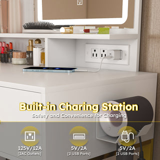 Sunvega White Makeup Vanity Table with LED Lights Power Outlet and 2 Drawers