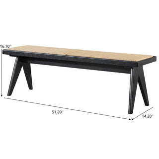 Sunvega Mid Century Modern Rattan Upholstery Bench with Black Solid Wood Legs