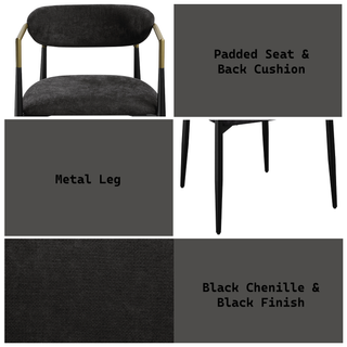 Sunvega Black Chenille Side Chair with Golden Armrests and Padded Seat Set of 2