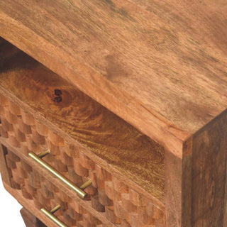 Sunvega Arno Bedside Table in Golden Teak with Hand-Carved Drawer Fronts