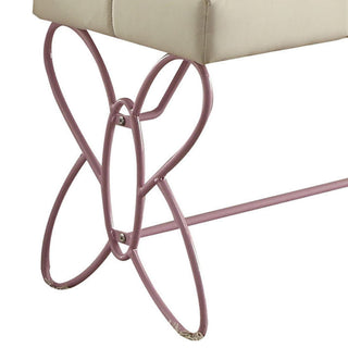 Sunvega White and Light Pink Tufted Bench with Butterfly Design and Padded Seat