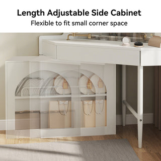 Sunvega White Corner Makeup Vanity Desk With Folding Mirror LED Lights And Stool