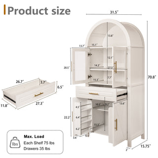 Sunvega Farmhouse Arched Glass Door Pantry Cabinet with Adjustable Shelves for Kitchen