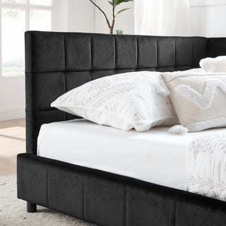 Full Size Upholstered Tufted  Bed Frame, Sofa Bed Frame with Comfortable Backrest and Armrests, Full Size Bed for Bedroom, Living Room,Velvet, Black(80.5''*59''*30.5'')