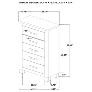 Sunvega Weathered Oak Finish Five-Drawer Chest with Bronze Handles for Bedroom