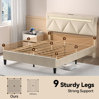 Sunvega Full Bed Frame with Headboard Upholstered Platform Charging Station LED Lights