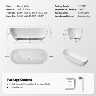 Sunvega Freestanding Solid Surface Bathtub with Excellent Heat Retention and Ergonomic Design