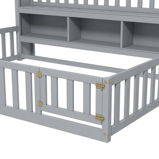 Sunvega Kids Wooden House Frame Twin Floor Bed for Safe Play and Sleep