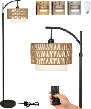 Sunvega Adjustable Farmhouse Arc Floor Lamp with Rattan & Fabric Shades and Remote