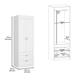 Sunvega White 70H" Double Door Cabinet with Two Drawers and Metal Handles