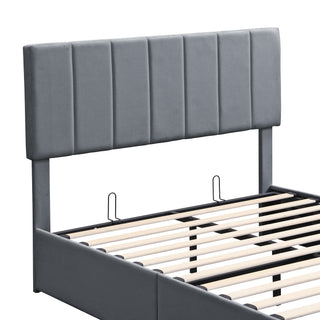 Sunvega Upholstered Platform Bed with Hydraulic Storage System in White Linen