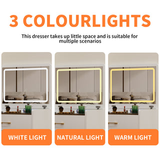 Sunvega White Glass Top Vanity Desk with 10 Drawers and Lighted Mirror