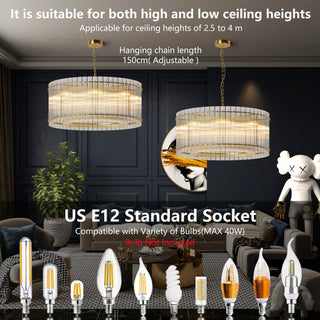 Sunvega Modern Gold Round Chandelier with Water Ripple Crystal Glass for Dining Room