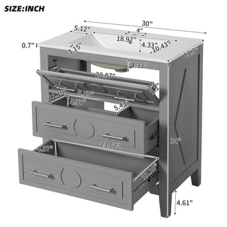 Sunvega 30 Inch Freestanding Bathroom Vanity with Ceramic Sink and 3 Drawers