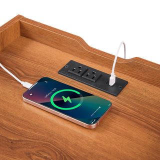 Sunvega Modern Brown Nightstand with Charging Station, Smart LED Lights, and Two Drawers