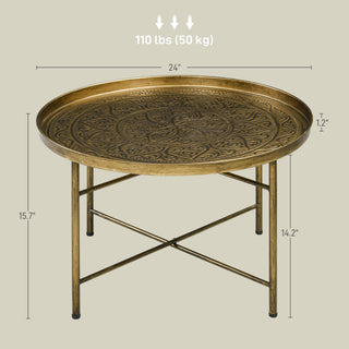 Sunvega Gold Vintage Metal Coffee Table with Hammered Tray Top for Living Room