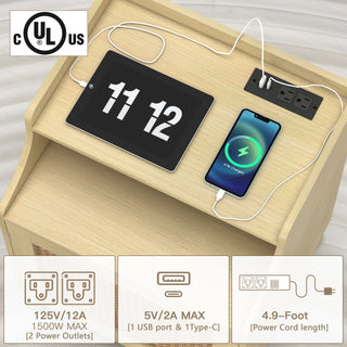 Sunvega Farmhouse Nightstand with Charging Station Rattan Door and Adjustable Shelf