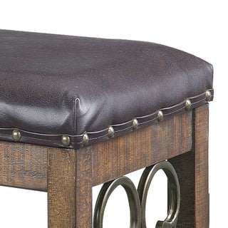 Sunvega Black Faux Leather Upholstered Weathered Cherry Dining Bench with Nailhead Trim