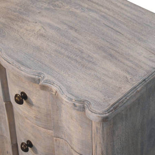 Sunvega Solid Wood Acid Wash Finish Grey 3-Drawer Curved Nightstand with Antique Brass Knobs