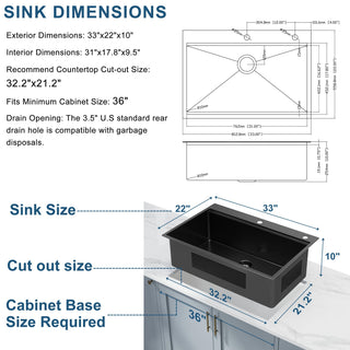 Sunvega 32 Inch Gunmetal Black Workstation Sink with Accessories and Jewelry-Grade PVD Coating