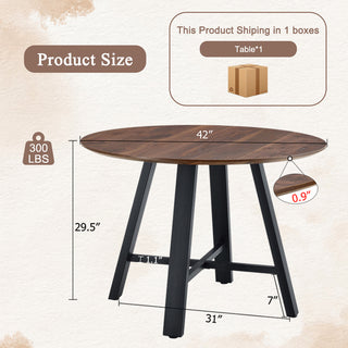 Sunvega Modern Round Dining Table with Dark Wood Texture and Black Metal Legs