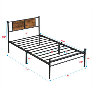 Sunvega Twin Size Metal Bed Frame with Wood Panel Headboard and Under Storage