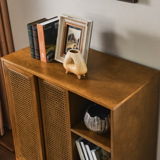 Sunvega Mid Century Modern Rattan Sideboard Cabinet with Adjustable Shelves and Solid Wood Feet